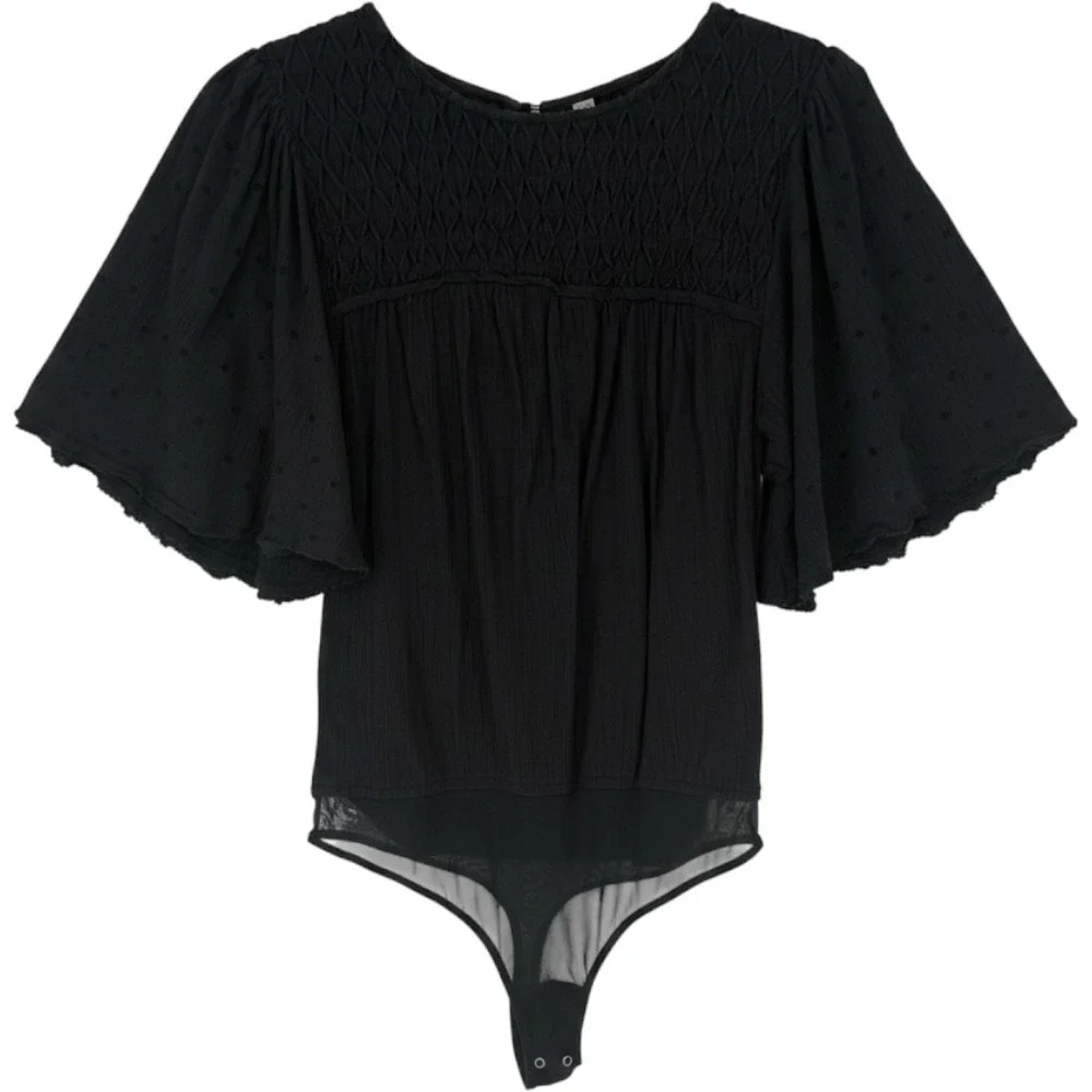Free People Intimately Perfect Catch Bodysuit Womens S Black Smocked Flutter - Picture 2 of 11